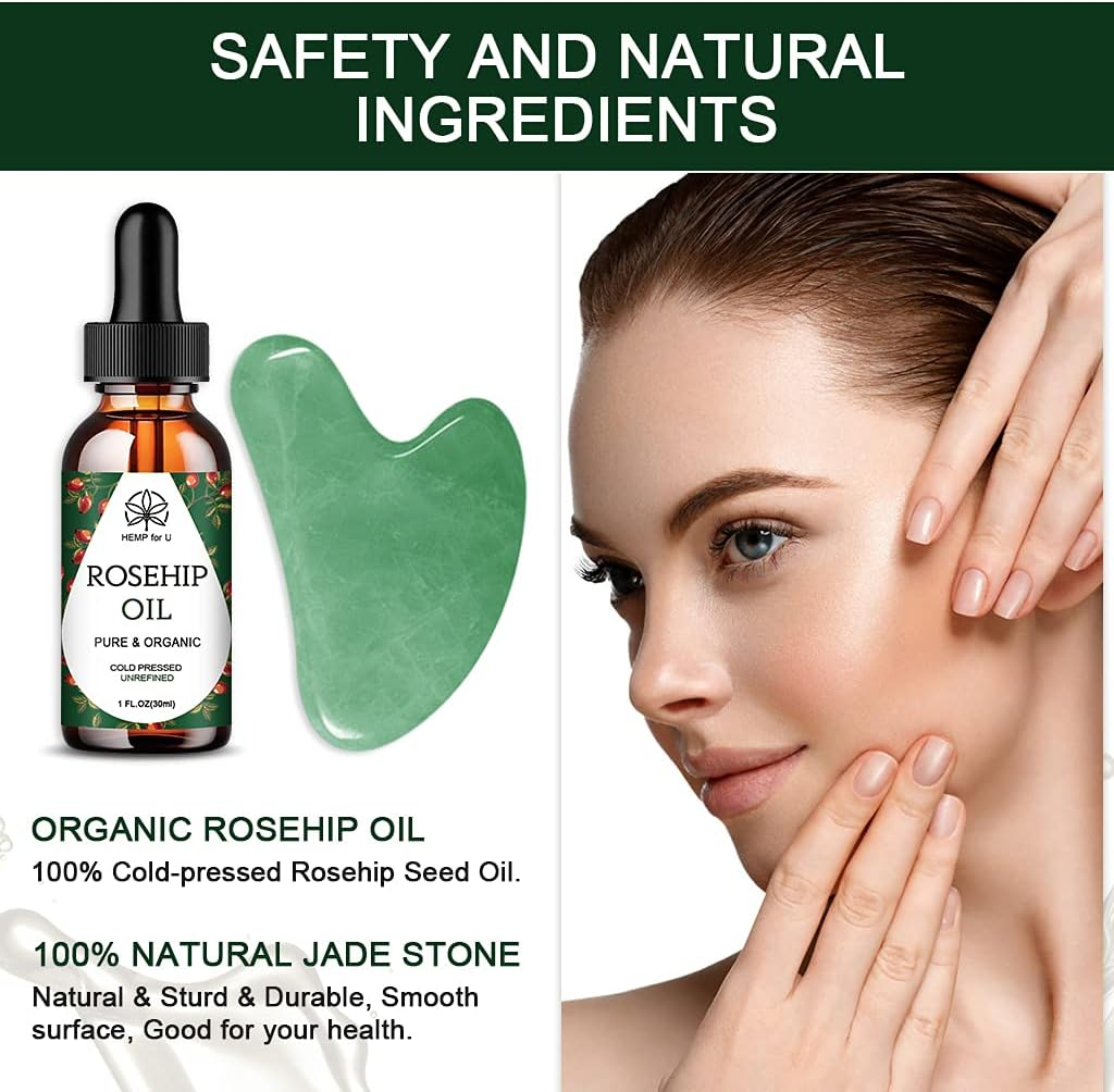 Rosehip oil bottle, jade stone, and woman applying oil to face with text about safety and natural ingredients.