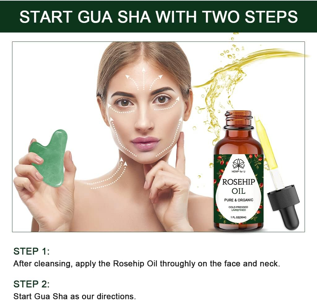 Woman using Rosehip Oil for skincare with a bottle of oil displayed. Start Gua Sha with two steps.