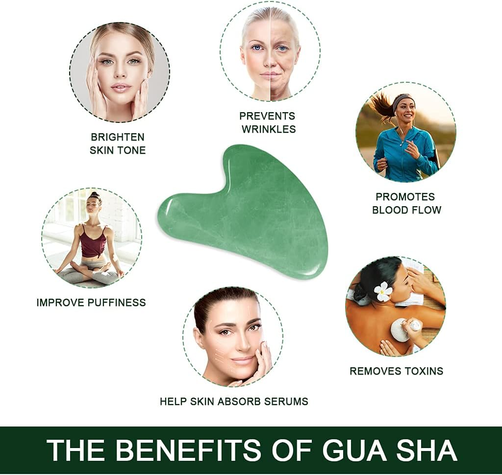 Benefits of Gua Sha therapy with a green tool and images of people practicing it.