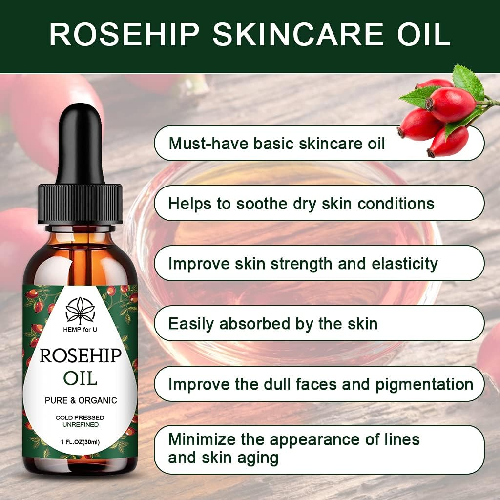 Rosehip skincare oil bottle with benefits listed 