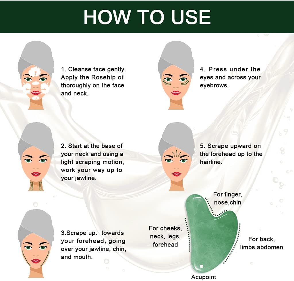 Instructions on how to use a gua sha with illustrations of a woman applying the product.