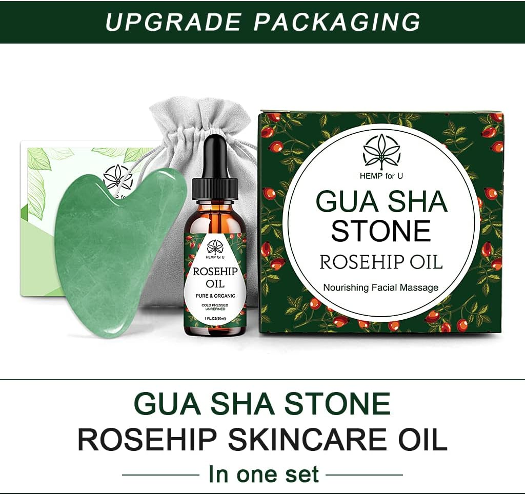 Gua sha stone, rosehip oil bottle, and box on a white background with text about upgrade packaging.